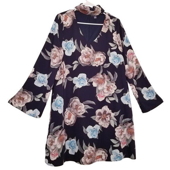 Byer California Multicolor Mini Floral Dress Long Sleeve Key Hole V-Neck Size L - Picture 1 of 6